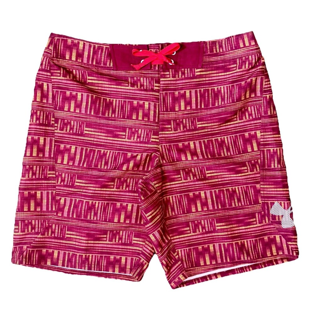 Mens Loose‎ Surf Board Shorts Maroon Yellow Geometric Heat Gear Beach Size 36